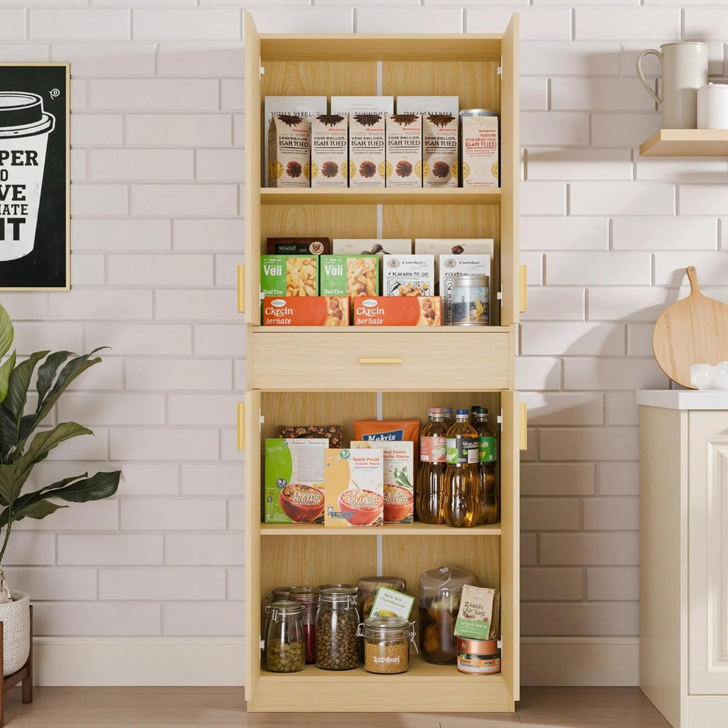Cozy Castle Pantry Cabinet, 71" Tall Kitchen Storage Cabinet with Doors and Shelves, Freestanding Wood Cupboard Utility Hutch with Drawer for Dining Room Living Room Bathroom Furniture, Oak