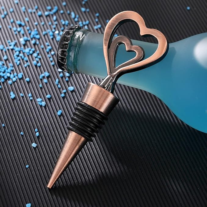24PCS Double Heart Shape and Beverage Wine Bottle Stoppers Love Design Wine Caps Reusable Plug Keep Wine Fresh for Wedding Birthday Baby Shower Gifts for Guests (24,Bronze Heart)