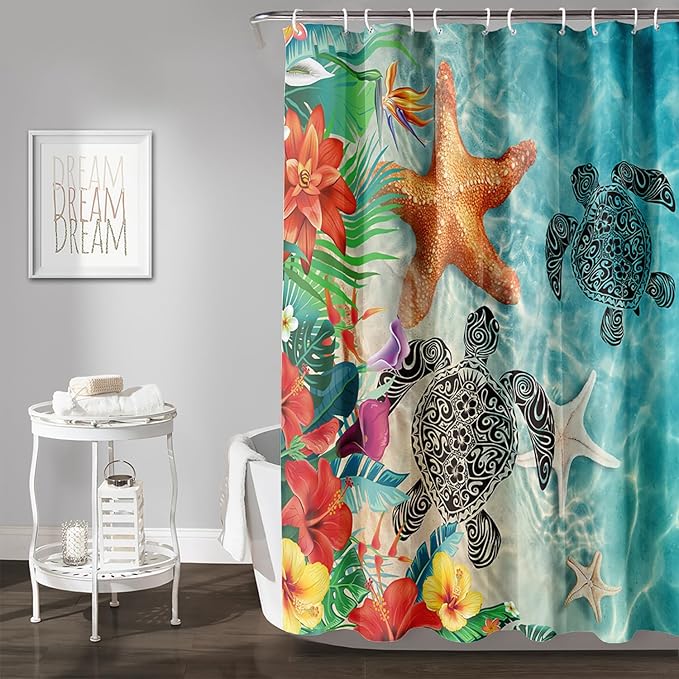 AILONEN Sea Turtle Shower Curtain,Sea Turtle with Starfish Bath Curtain Cloth Fabric Bathroom 72" W*84" H Inch,12 Pack Hooks for Kids,Ocean Themed Bathroom Curtain