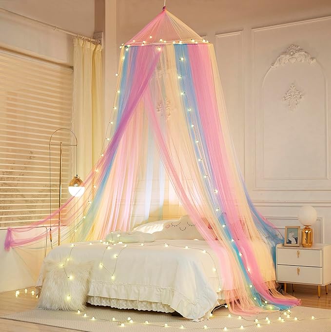 Mengersi Bed Canopy with Lights,Princess Bed Canopy Canopy Bed Curtains for Girls Room,Mosquito Netting Canopy Reading Corners Room Decor for Girls (Rainbow)