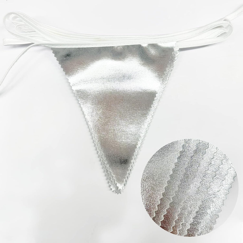 Silver Party Decorations Metallic Fabric Triangle Pennant Banner Silver Flag Bunting Garland for Graduation Birthday Wedding Bridal Shower Anniversary Engagement Bachelorette Party Decoration Supplies