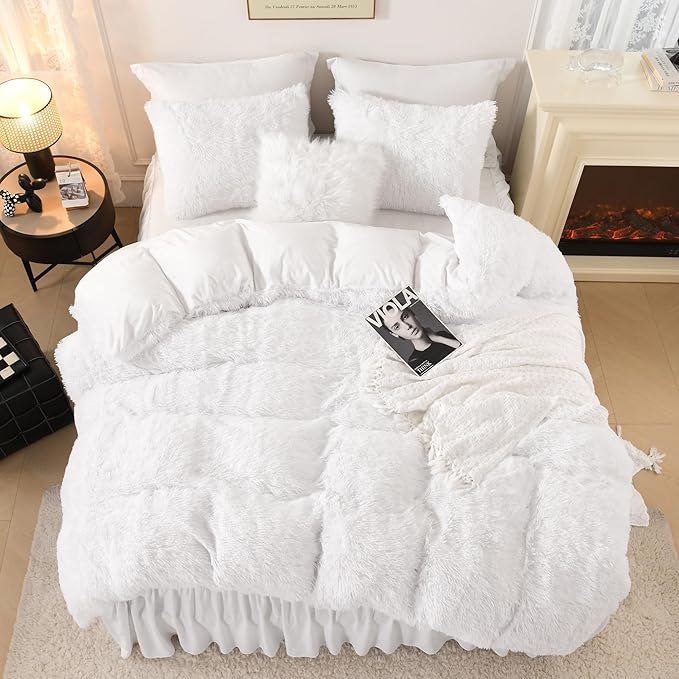 Litanika White Fluffy Comforter Full Size, Luxury Shaggy Plush Fuzzy Bedding Set for Full Bed, Ultra Soft Warm Velvet Comforter 3 Pieces(1 Faux Fur Comforter 79×90 Inch, 2 Pillowcases)