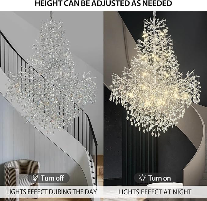 H65'' Silver Crystal High Ceilings Chandelier Staircase Chandeliers Modern Crystal Tree Branch Chandelier, D48'' Foyer Chandelier for High Ceiling Luxury Large Living Room Chandelier, 27-Lights