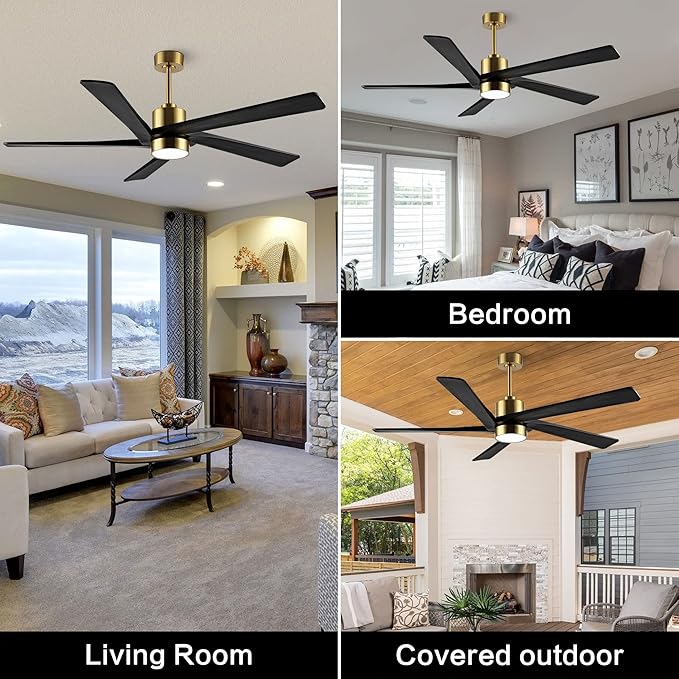 WINGBO 64 Inch DC Ceiling Fan with Lights and Remote Control, 5 Reversible Carved Wood Blades, 6-Speed Noiseless DC Motor, Modern Ceiling Fan in Brass Finish with Balck Blades, ETL Listed