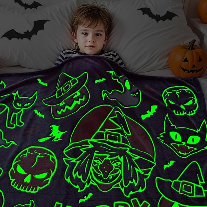 Witchy Blanket Halloween Glow in The Dark Blanket for Kids Women Adults Pumpkins Halloween Decorations for Bedroom