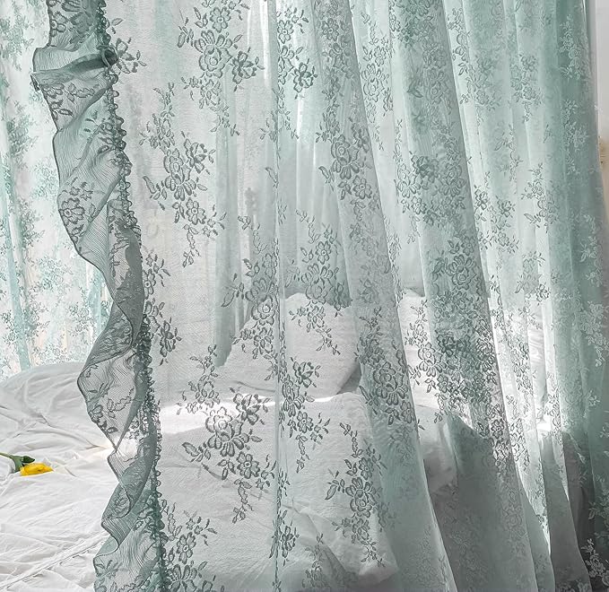 Mengersi Canopy Bed Curtains with Tie Backs,Bed Canopy Curtains Bed Drapes Sheer Lace Curtains for Bedroom Decor（Full,Sage Green
