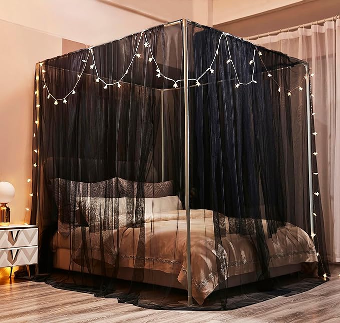 Mengersi Bed Canopy Canopy Bed Curtains with Lights- 4 Corners Post Royal Bed Drapes Mosquito Net- Elegant Bedroom Decoration Accessories for Adults(California King,Black)