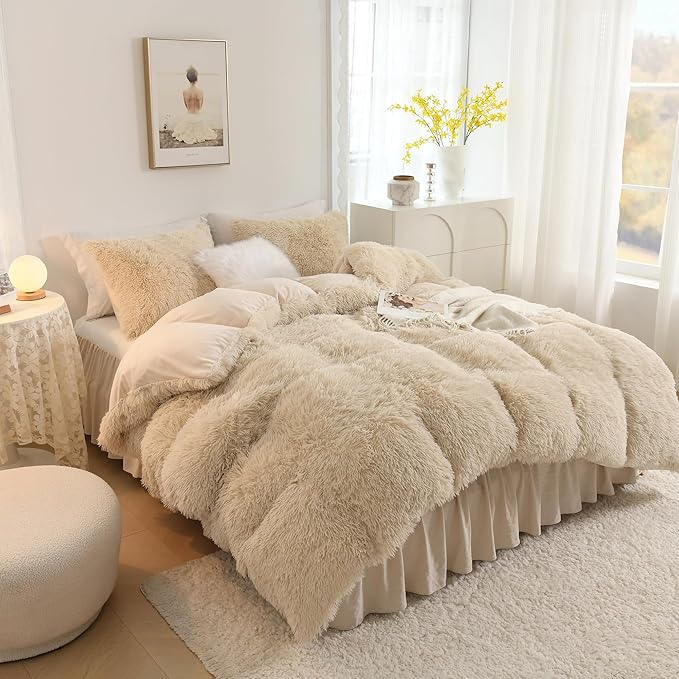 Litanika Beige Plush Comforter Full Size, Luxury Fluffy Shaggy Bedding Set for Full Bed, Ultra Soft Velvet Faux Fur Comforter 3 Pieces(1 Fuzzy Comforter 79×90 Inch, 2 Pillowcases)