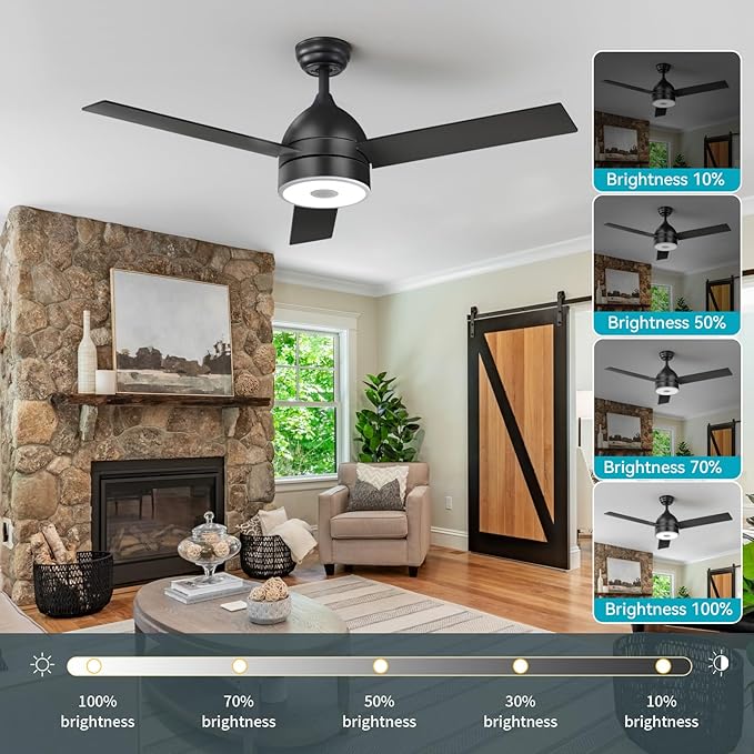 Black 52 Inch Ceiling Fan with RGB Dimming LED Light,with Music Bluetooth Speaker,with Remote Control,3-Speed Regulation, Reversible Motor,Timing,for Living Room,Bedroom,Restaurant