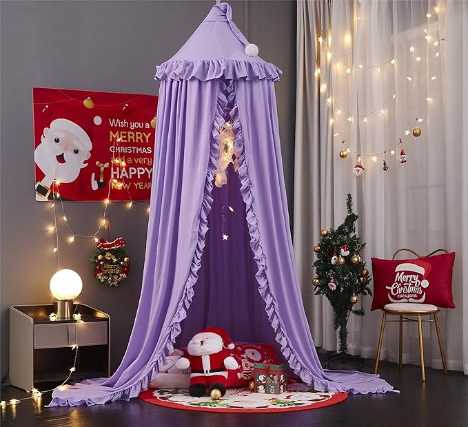 VETHIN Bed Canopy for Girls Kids,Princess Round Dome Children Dreamy Mosquito Net Bedding Girls Room Castle Play Tent Hanging House Decor Reading Nook Canopies (Purple)