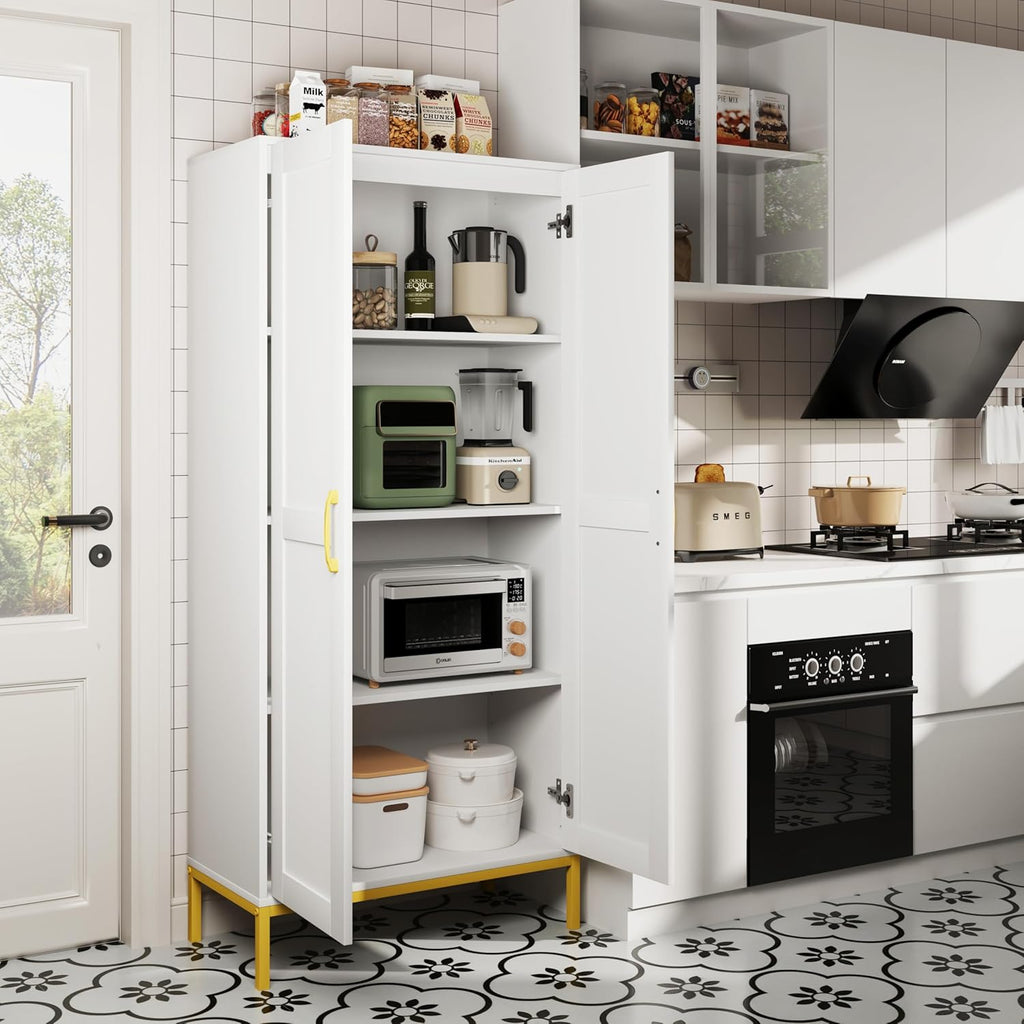 Tall Storage Cabinet, Kitchen Pantry Cabinet with 2 Doors & Adjustable Shelves for Laundry Room, Living Room, Entryway,Bathroom,White
