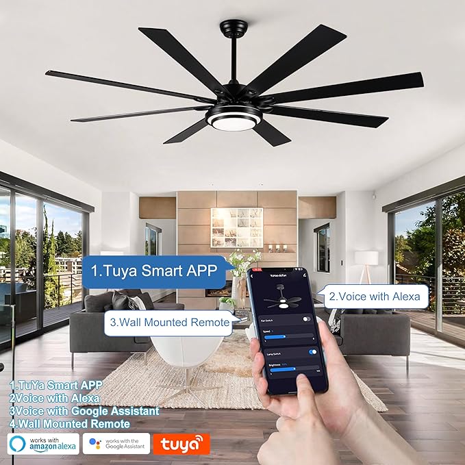 NicBex Ceiling Fan 72 Inch Indoor Modern Ceiling Fans with Integrated LED Light and Remote Control Metal Ceiling Fan with 8 Wood Blades for Living Room, Bedroom, Matte Black