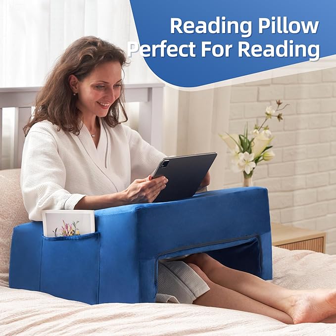 Homguava Reading Pillow Memory Lap Desk Foam Pillow for Adults Gaming Pillow Arm Rest Pillow for Reading, Crocheting, Gaming or Sitting in Bed (Blue, Large)