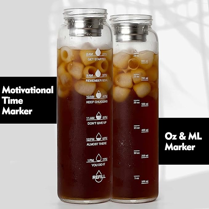 32 oz Motivational Glass Water Bottles with Bamboo Lid Straw and Time Marker - Sports Water Bottle for Drinking