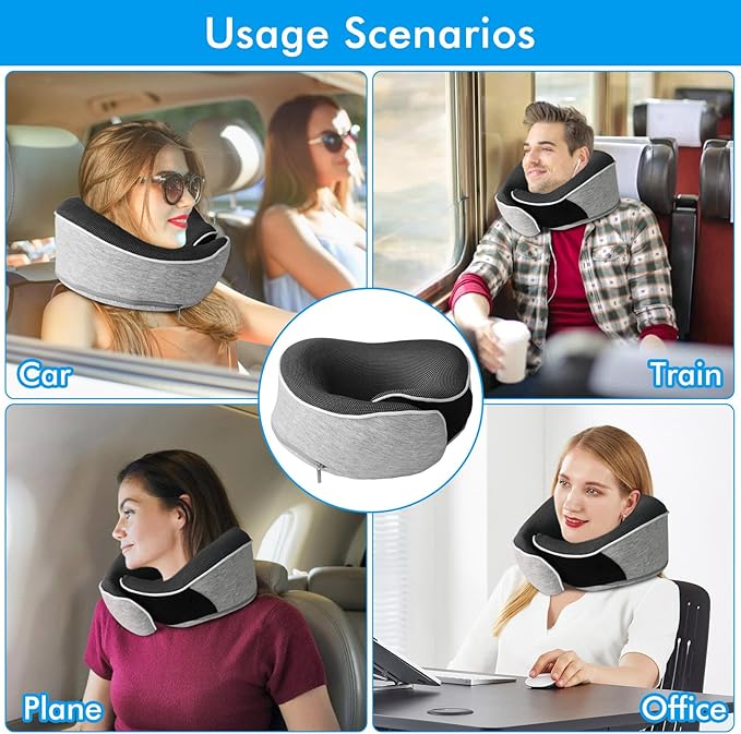 Travel Pillow,Upgraded 100% Memory Foam Neck Pillow for Traveling,Ergonomic Design Soft Best Flight Pillow,Neck Pillow Airplane Kit with 3D Contoured Eye Masks,Earplugs and Luxury Bag (Grey)