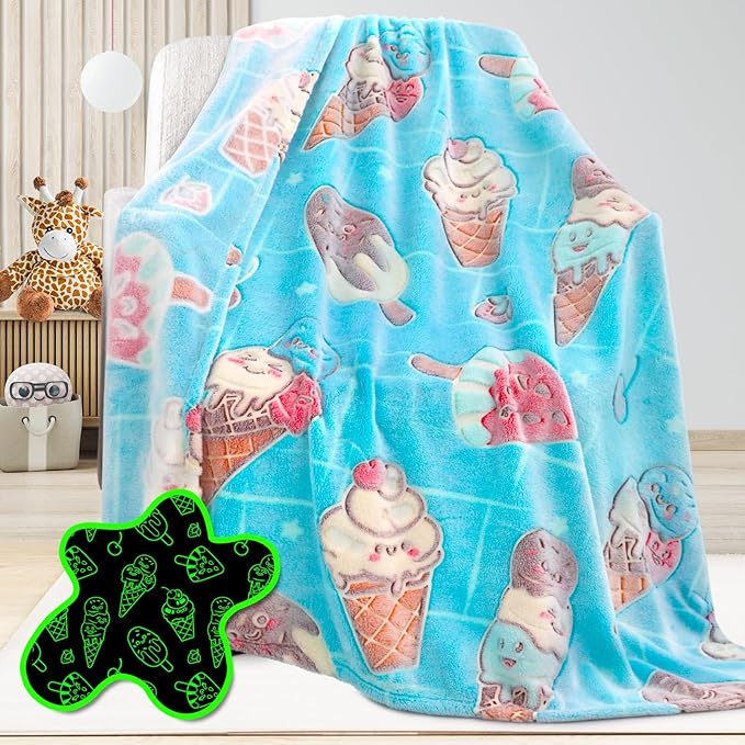 Funny Blanket Glow in The Dark Blankets for Girls Cute Ice Cream Blanket Birthday Gifts for Kids Toddlers Soft Warm Cozy Cute Food Blankets Home Decor Glowing Blanket