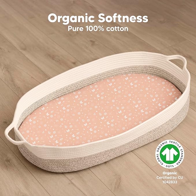 2-Pack Organic Bassinet Sheets for Girls, Boys - 100% Cotton Bassinet Mattress Sheets Compatible with Halo Bassinest Swivel Sleeper, Graco, Baby Delight, Chicco, Fitted Bassinet Sheets (Butterflies)