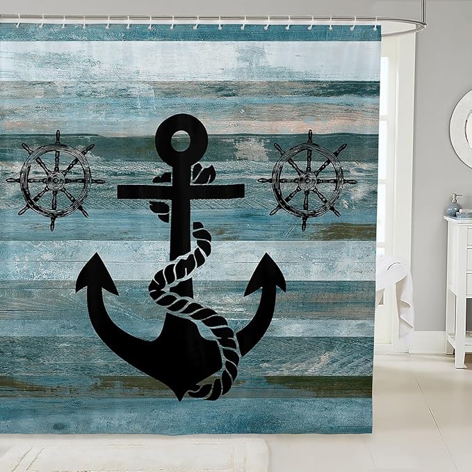 Feelyou Anchor Nautical Shower Curtain Vintage Plank Blue Fabric Shower Curtain Kids Boys Girls Wooden Retro Green Bathroom Waterproof Accessories with 12 Hooks Rustic Farmhouse Curtains,72x72 Inches