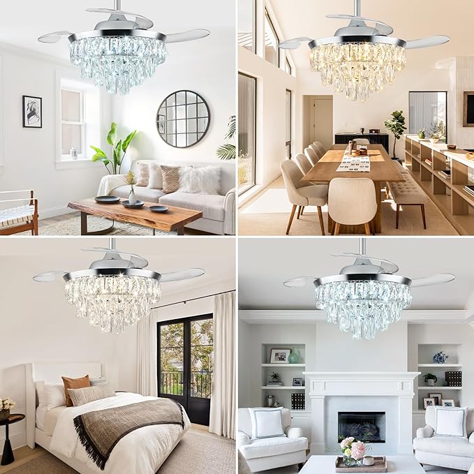 LEONTYNE 36" Modern Crystal Ceiling Fan with Lights and Remote Invisible Retractable LED Dimmable Chandelier Fan 3 Blades 6 Speeds Fandelier for Bedroom Living Room Dining Room (Polished Chrome)
