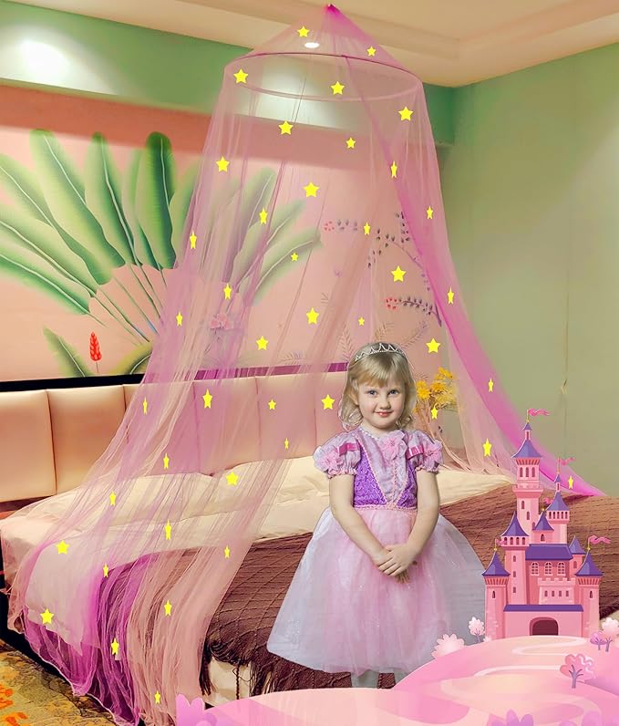 Eimilaly Two-Tone Bed Canopy Glow in The Dark Pink Purple, Mosquito Net Bed Canopy for Girls Room Decor, Single Door