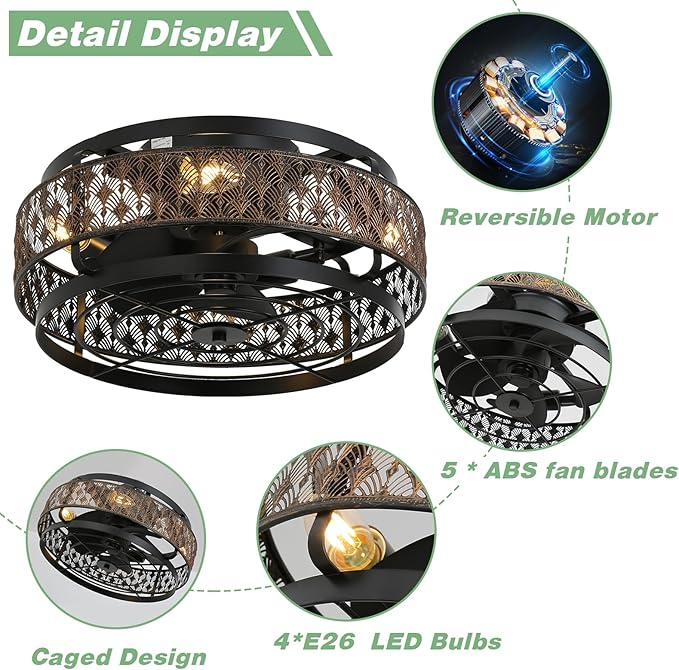 Low Profile Caged Ceiling Fan With Light&Remote, 17" Flush Mount Farmhouse Ceiling Fan, Enclosed Rustic Ceiling Fan with Reversible Motor, Black and Gold Industrial Ceiling Fixture for Bedroom/Kitchen
