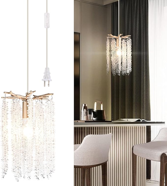 Plug in Crystal Chandelier with 15Ft Cord Modern Pendant Light for Bedroom Mini Antler Hanging Lamp for Kitchen Island Dinning Bedrooms and Hallway(1 Light)