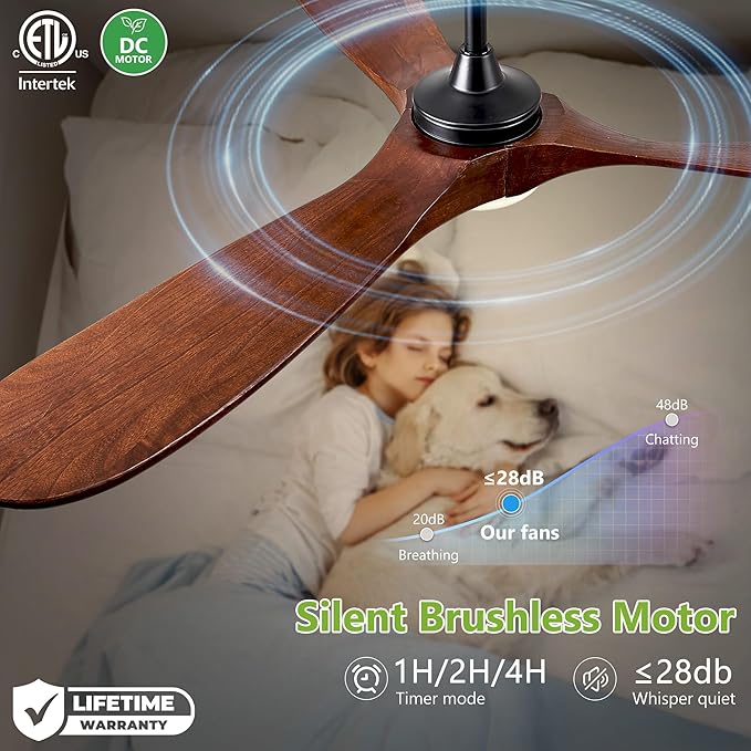Ceiling Fans with Lights, 60 Inch Solid Wood Propeller Ceiling Fans with Lights and Remote Control Outdoor Ceiling Fan for Patios Indoor Living Room 3 Blades, DC Motor ETL Listed, Dark Walnut