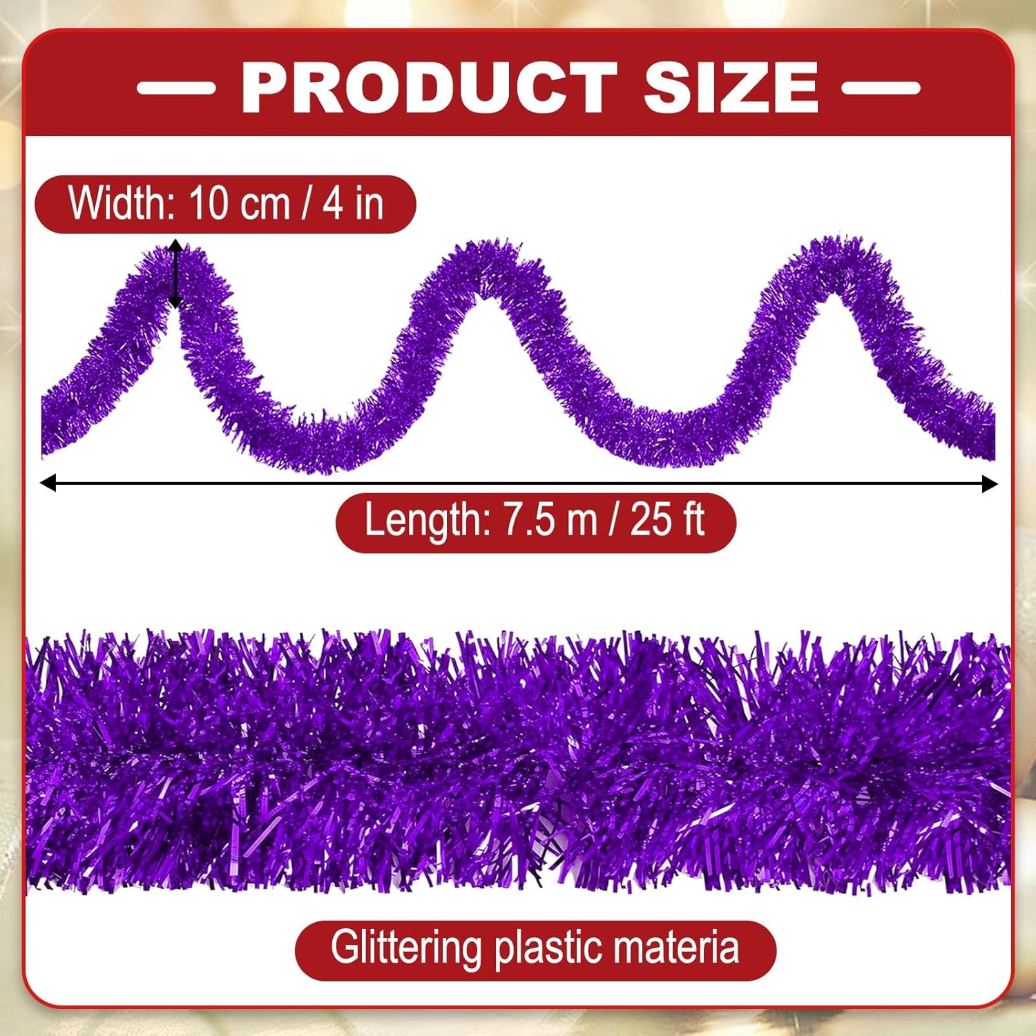 25 Feet Metallic Twist Tinsel Garland Wall Hanging Backdrop for Parade Floats, Christmas Eve, New Year, Valentine's Day Party Decorations (Purple, 4in x 25ft)