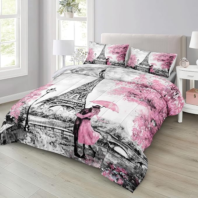 Bedbay Pink Paris Bedding Set King Size Eiffel Tower Comforter Set Romantic Couple French Style Duvet Set 4 Pcs Soft Lightweight Pink and Grey Down Comforter Set Paris Room Decor(Pink,King)