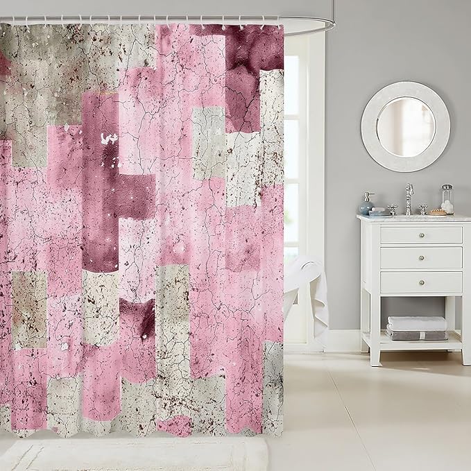 Feelyou Kids Geometric Pink Bath Curtain Geometry Bathroom Shower Curtain Set Checkered Shower Curtain Boys Girls Modern Art Teens Bathroom Accessories Room Decor 72"x78"