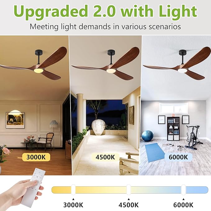 Ceiling Fans with Lights, 60 Inch Solid Wood Propeller Ceiling Fans with Lights and Remote Control Outdoor Ceiling Fan for Patios Indoor Living Room 3 Blades, DC Motor ETL Listed, Dark Walnut