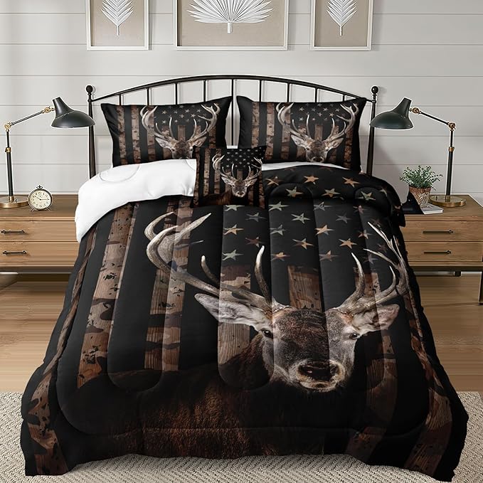 Bedbay American Flag Bed Comforter Queen Hunting Deer Bedding Boys Girls Bedroom Decor Camo Bedding Down Alternative Comforter Camouflage Quilt Set 4 Pcs Lightweight Comforter Queen(Deer,Queen)
