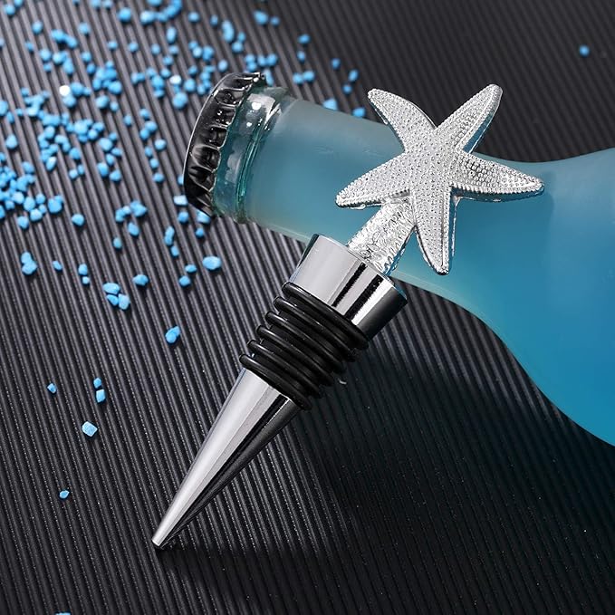12PCS Valentine's Day Wedding Favors for Guests,Zinc Alloy Decoration Starfish Wine and Beverage Bottle Stoppers Caps Reusable Plug Keep Wine Fresh (12,Sliver Starfish)