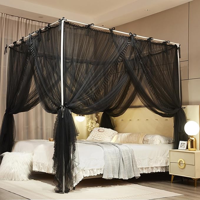 4 Corners Post Princess Curtain Bed Canopy Lace Up Double Layer 4 Opening Mosquito Net Mesh for Girls Bedroom Decoration(Black, 78" W*86" L*82" H/King)