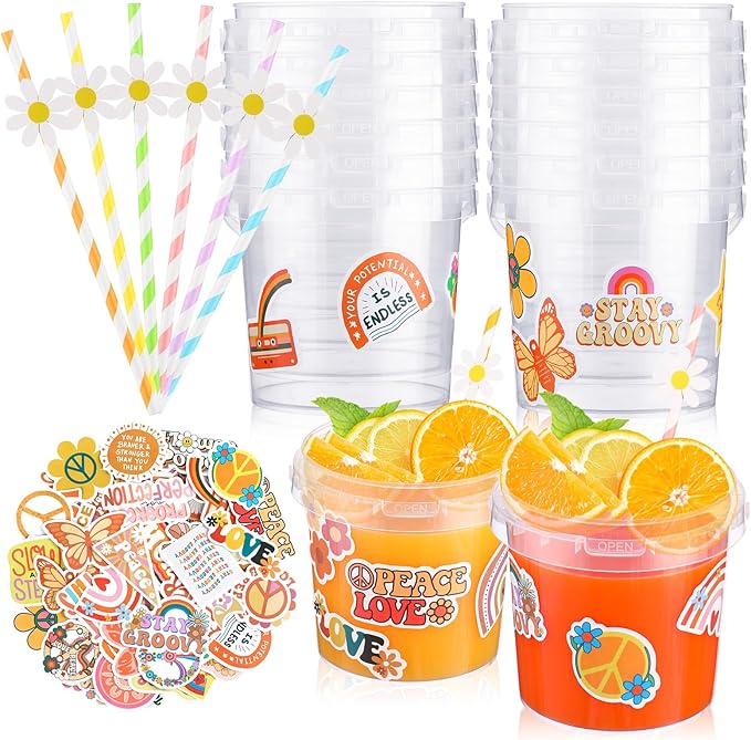 20 Pcs 32 oz Ice Cream Buckets with Lids and Handles Clear Cocktail Rum Buckets Reusable Food Containers with 100 Pcs Boho Stickers 24 Pcs Boho Flower Straws for Party Supplies