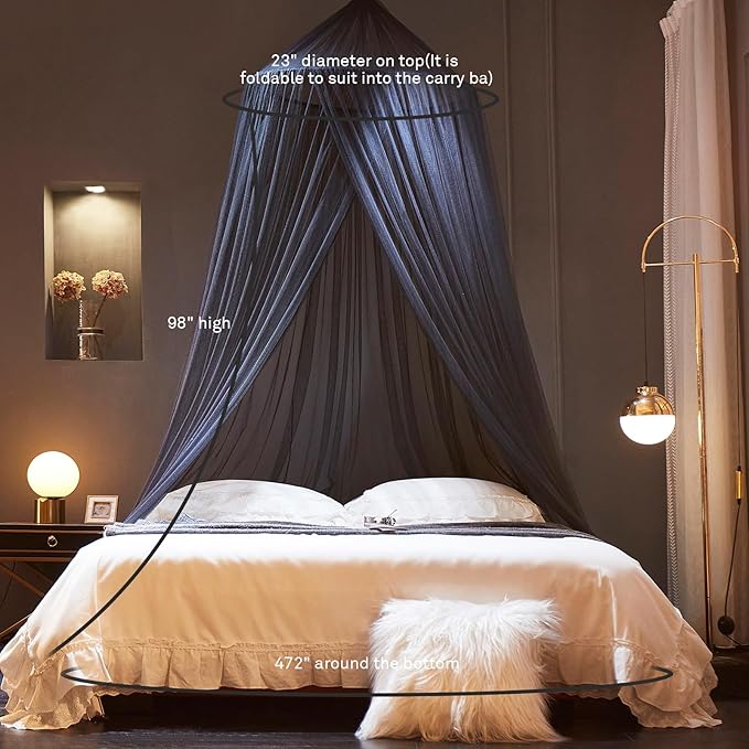 Mengersi Bed Canopy with Lights,Princess Bed Canopy Canopy Bed Curtains for Girls Room,Mosquito Netting Canopy Reading Corners Room Decor for Girls (Black)