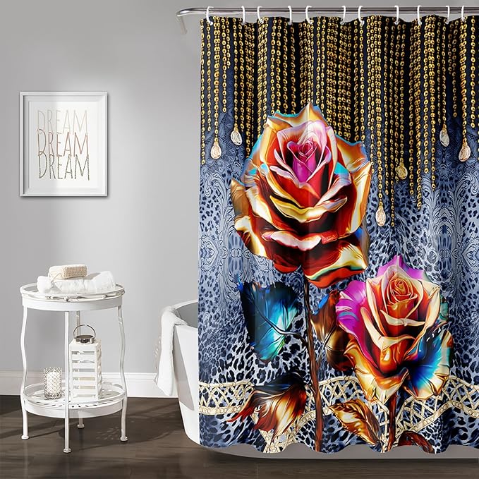 AILONEN Gold Rose Shower Curtain for Bathroom- Romantic Floral Shower Curtain -Polyester Fabric Waterproof Decoration- Plants Blue Black Leopard Flowers Bath Shower Curtains Washable, 72" W x 72" H