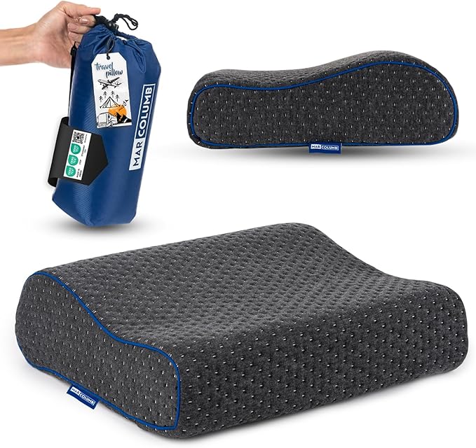 Travel & Camping Comfortable Memory Foam Pillow – Easy to Carry Portable Bag – Temperature Regulating Pillow Case - Perfect for Travelling, Grey Contour