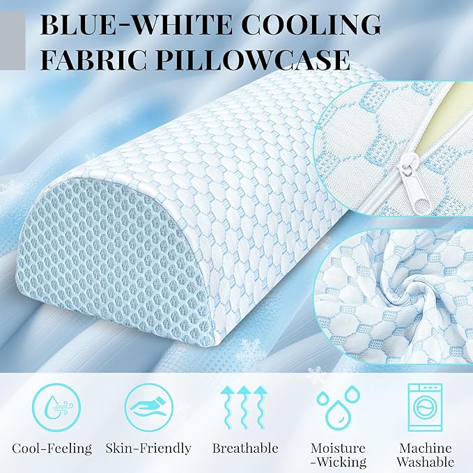 Large Knee Pillow for Side Sleepers Memory Foam Leg Pillows for Sleeping Yoga Bed Half Moon Bolster Pillow for Neck Pain Relief with Pillowcase 23.6"x8.7"x5"(Cooling Blue, Extended Size)