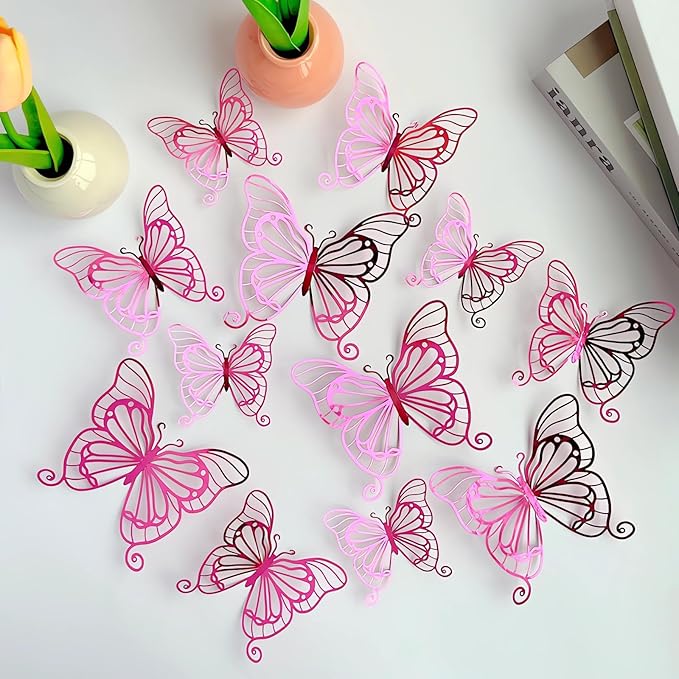 3D Butterfly Wall Decor 3 Sizes 4 Styles, Kurilai 48Pcs Butterfly Decorations Party Birthday Cake Decoration, Removable Wall Stickers for Kids Nursery Wedding Bedroom Room Decor (Pink)