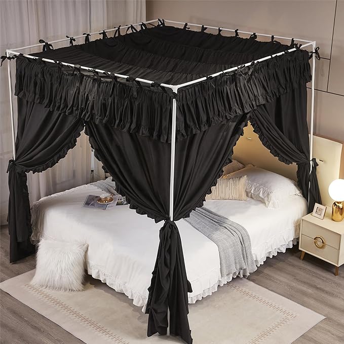 4 Corners Post Princess Ruffle Curtain Bed Canopy Lace Up Elastic Cozy Breathable Tent Mosquito Net for Girls Bedroom Decoration(Black, 70-78" W*86" L*82" H/King)