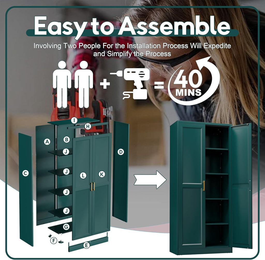 71" Storage Cabinet, Metal Pantry Cabinet, Kitchen Pantry Storage Cabinets with Doors and 4 Shelves, Cabinets for Laundry Room, Living Room, Dinning Room, Assembly Required, Green