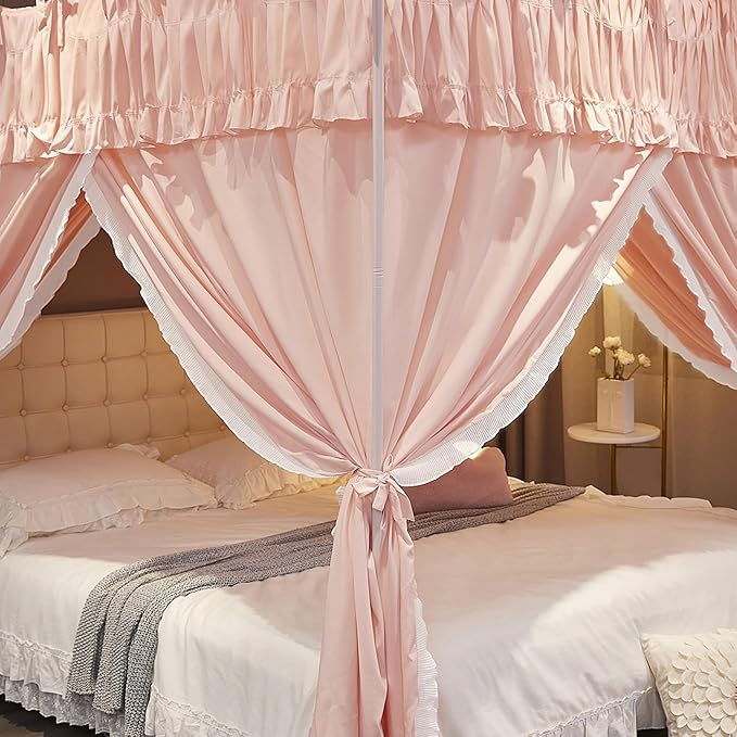 Ruffle Lace up 4 Corners Post Princess Curtain Bed Canopy Cozy Breathable Mosquito Net Cloth for Girls Adults Bedroom Decoration (Pink, 59" W*82" L*82" H/Queen)