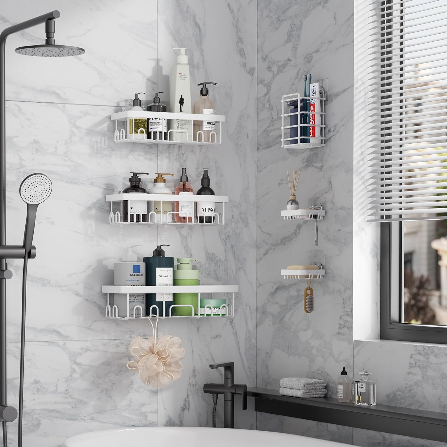 Veken 6-Pack Rustproof Waterproof Shower Caddy, Adhesive Shelves Rack with Soap Holder, Large Bathroom & Washroom Organizer, No Drilling Wall-Mounted Kitchen & Home Decor, Ideal for Bathtub Storage