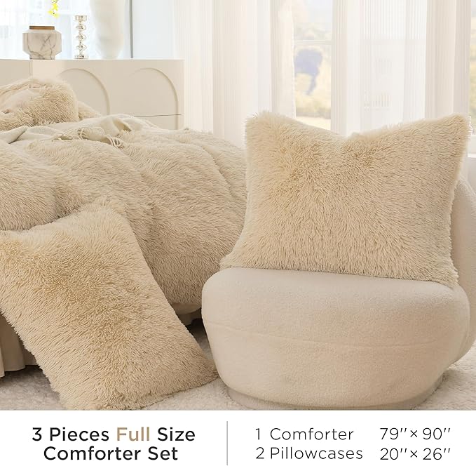 Litanika Beige Plush Comforter Full Size, Luxury Fluffy Shaggy Bedding Set for Full Bed, Ultra Soft Velvet Faux Fur Comforter 3 Pieces(1 Fuzzy Comforter 79×90 Inch, 2 Pillowcases)