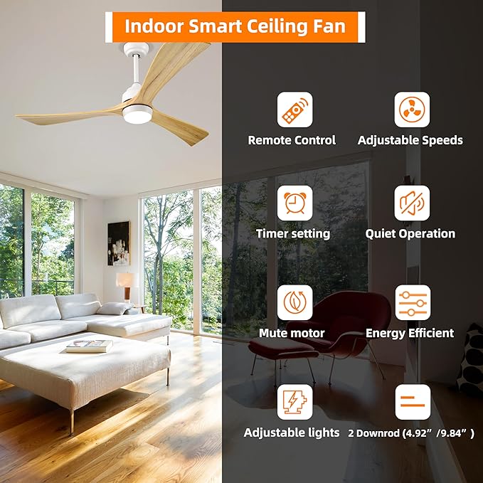 NicBex Ceiling Fan 52 Inch Ceiling Fan with Lights Ceiling Fans with 3 Blades and Remote Control Reversible Ceiling Fan with 6 Wind Speed Levels for Bedroom, Living Room, Natural White