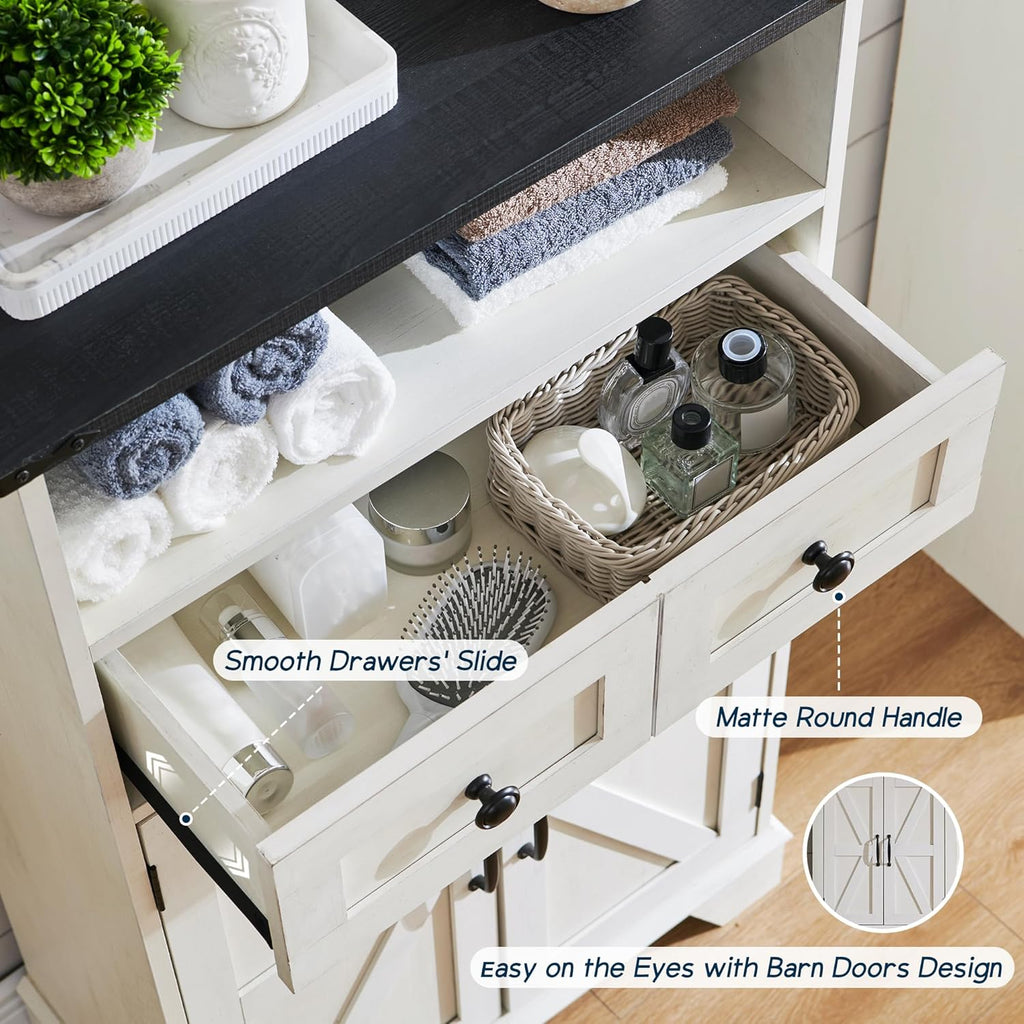 Bathroom Floor Cabinet, Farmhouse Storage Cabinet, 24" Wide Cabinet with Drawer, Adjustable Shelf, Barn Doors, Cabinets for Bathroom, Kitchen, Living Room, Off White