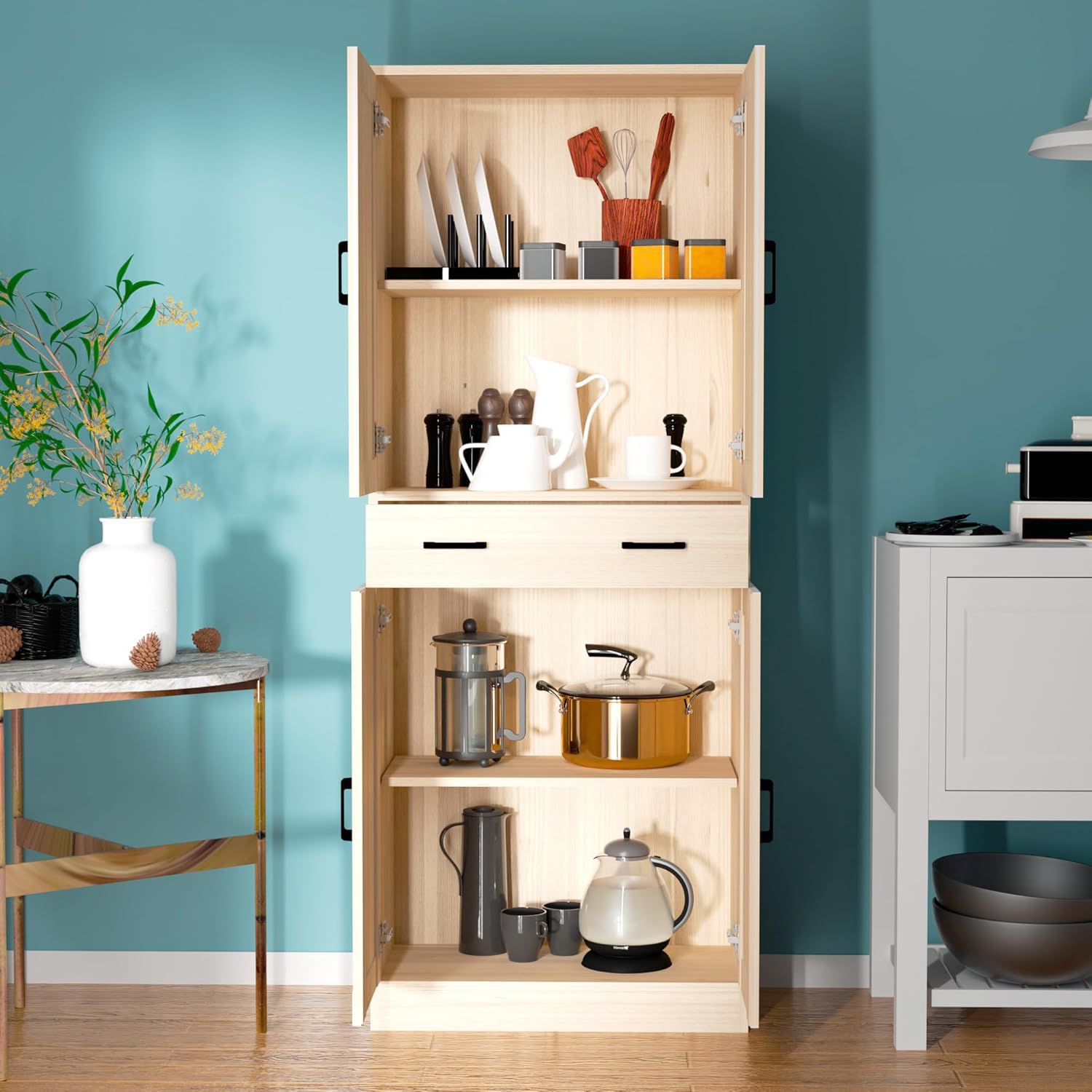 71" Tall Oak & Rattan Pantry Cabinet - Boho Chic Kitchen Storage with Doors & Drawer for Dining Room, Hallway or Kitchen Organization