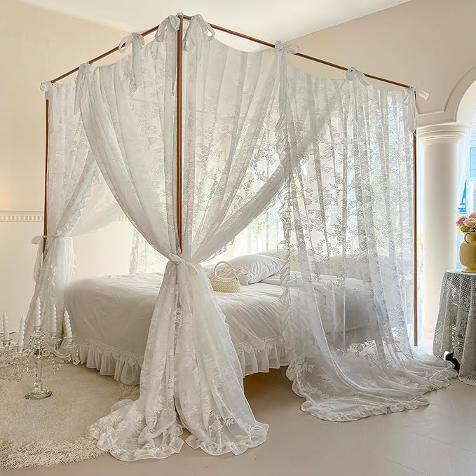 Mengersi Canopy Bed Curtains with Tie Backs,Bed Canopy Curtains Bed Drapes Sheer Curtains for Bedroom Decor（King,White