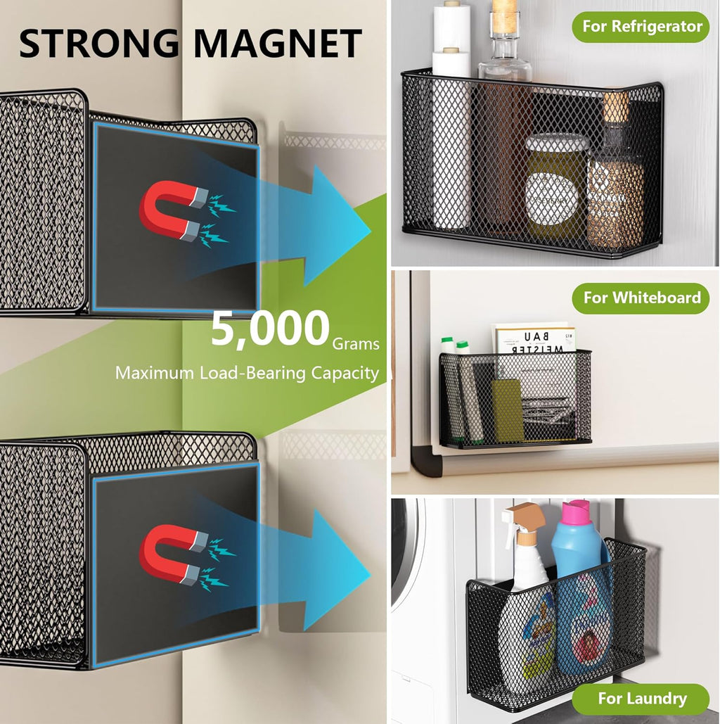 Magnetic Basket Fridge Lint Bin Dryer Ball Holder Laundry Room Organization Home Storage for Class Office School (Mesh，(1-Pack) Black/L)